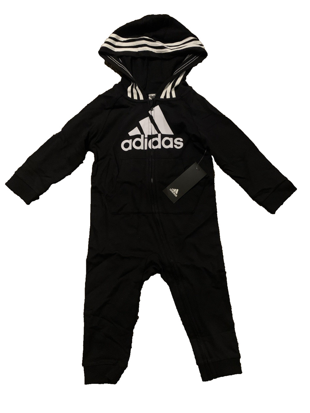 Adidas Baby 24M Black Hooded One Piece Tracksuit Coverall Full Zip NWT